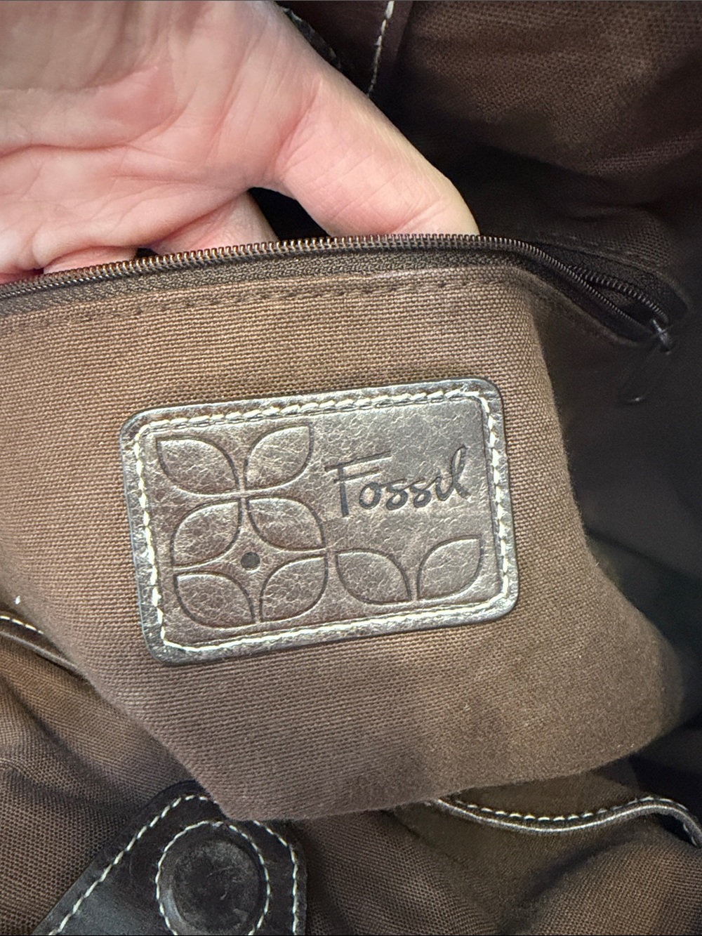 Fossil Kristy II patchwork hobo bag leather, suede, canvas wood handle crossbod - Picture 11 of 17